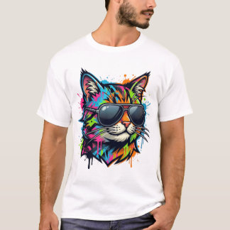 Lebendige Neon- Street Art-Katze mit Sonnenbrille T-Shirt