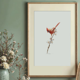 Lebendige Nordkardinal-Aquarellmalerei auf Zweig Poster