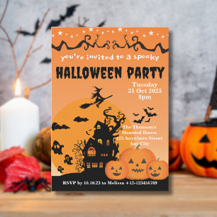 Lebendige Orange Schwarzes Spukhaus Halloween Einladung