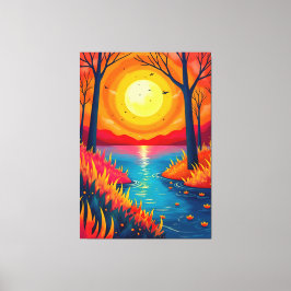 Lebendige Orange Sunset Lake Landschaftskunst Leinwanddruck