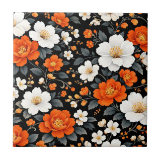Lebendige orange und weiße Blumen auf Schwarz  Fliese