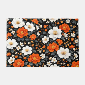 Lebendige orange und weiße Blumen auf Schwarz  Fußmatte