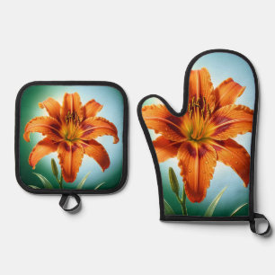 Lebendige Orangefarbene Lilienblüte Ofenhandschuh & Topflappen-Set