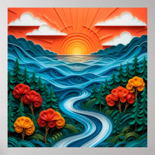 Lebendige Papierkunst, die einen ruhigen Sonnenunt Poster