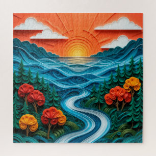 Lebendige Papierkunst, die einen ruhigen Sonnenunt Puzzle