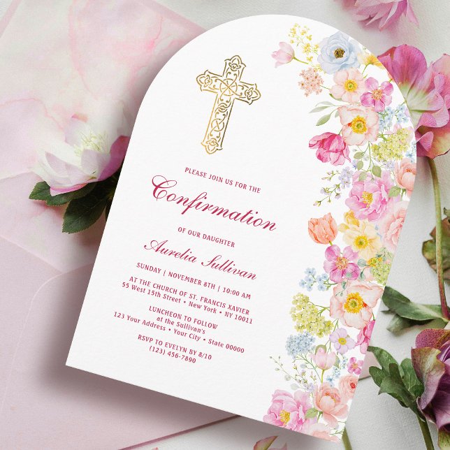 Lebendige Pastell-Blumenbogen-Konfirmation Einladung (Von Creator hochgeladen)