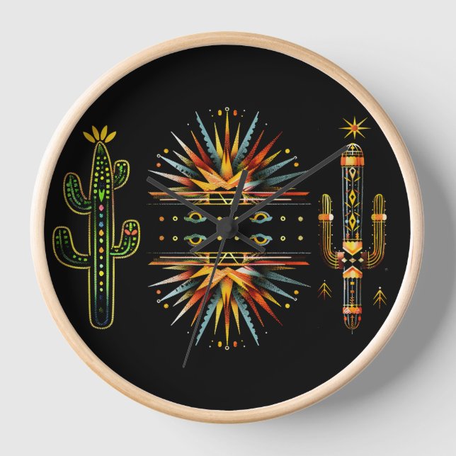 Lebendige Pattern Cactus Southwestern Clock Uhr (Vorderseite)