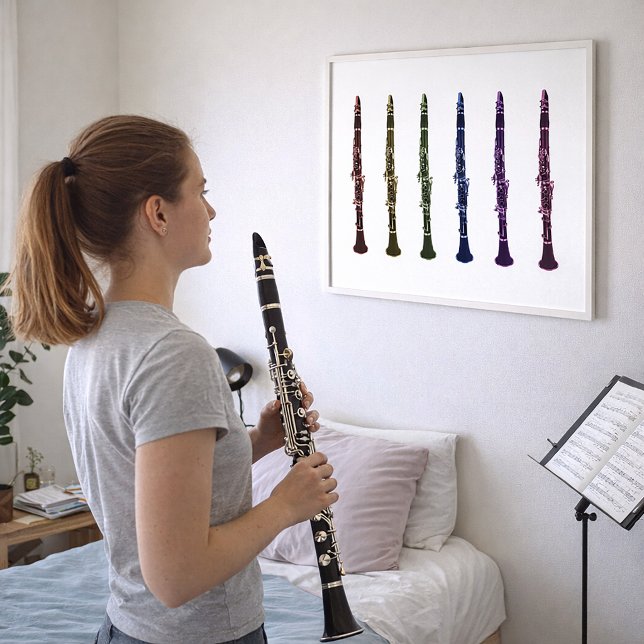 Lebendige Regenbogen-Klarinetten-Kunst-Orchesterba Poster (A poster featuring a rainbow lineup of clarinets)