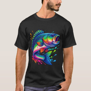 Lebendige Regenbogen-Splash-Bass-Fisch-Illustratio T-Shirt