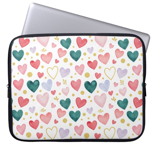 Lebendige Regenbogen-Wasserfarben-Herzen Laptopschutzhülle (Vorderseite)