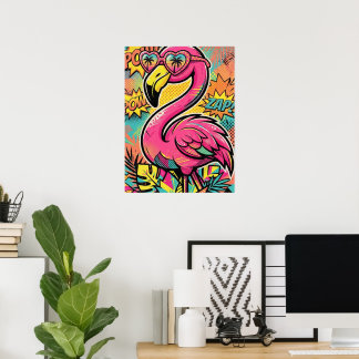 Lebendige Retro-Comic-Flamingo-Sonnenbrille Pop Ar Poster