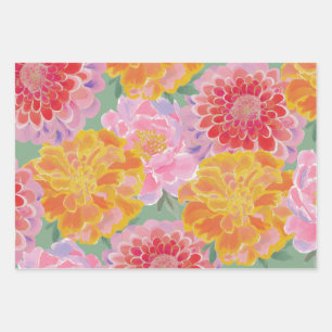 Lebendige Ringelblumen-Zinnien-Sommerblüten Geschenkpapier Set