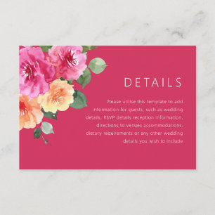 Lebendige rosa Aquarell-Blumen-Hochzeitsdetails Begleitkarte