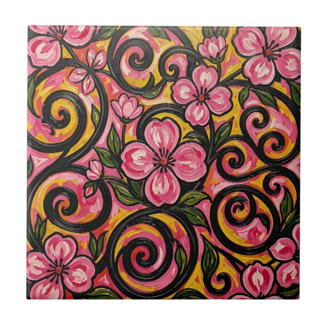Lebendige rosa florale Wirbelkunst Fliese (Vorderseite)