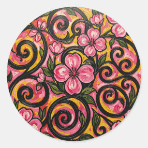 Lebendige rosa florale Wirbelkunst Runder Aufkleber
