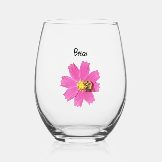 Lebendige Rosa Kosmos-Blume mit Personalisierter B Weinglas Ohne Stiel (Vorderseite)