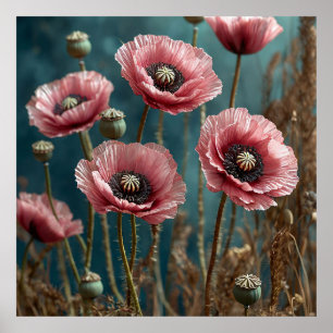 Lebendige rosa Mohnblumen blühen Poster