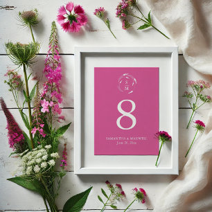 Lebendige rosa Monogramm-Hochzeitstisch-Nummernkar Tischnummer