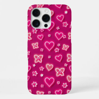 Lebendige rosa Neon-Herzen und Blumen im Retro-Sti iPhone 16 Pro Max Hülle