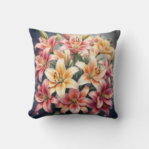 Lebendige rosa orange weiße Lilien Aquarell Blumen Kissen