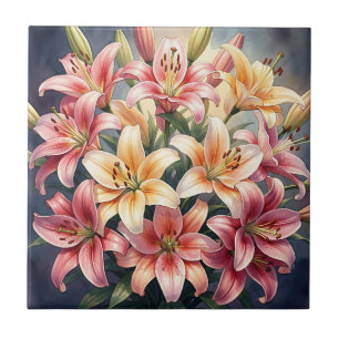 Lebendige rosa orange weiße Lilien Wasserfarbe Flo Fliese