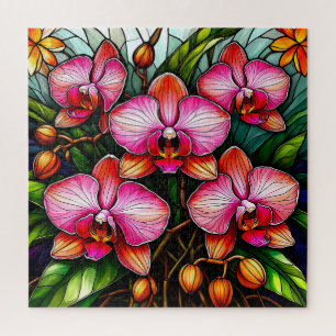 Lebendige rosa Orchideen in Glasmalerei Puzzle