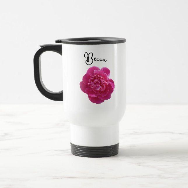 Lebendige rosa Pfingstrose personalisiert Reisebecher (Links)