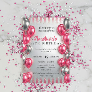 Lebendige rosa silberne Ballons Glitter 15. Geburt Einladung