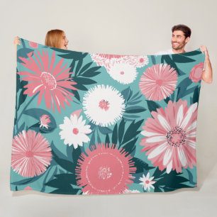 Lebendige rosa und weiße Florale Symphonie Fleecedecke