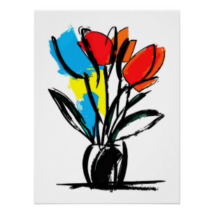 Lebendige rot-orange Tulpen Fette schwarze Linien  Poster