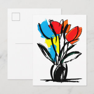 Lebendige rot-orange Tulpen Fette schwarze Linien Postkarte