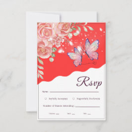 Lebendige rote Goldrosen-Schmetterling-Hochzeits-R RSVP Karte