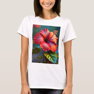 Lebendige rote Hibiskusblüte mit Blättern-45328 T-Shirt