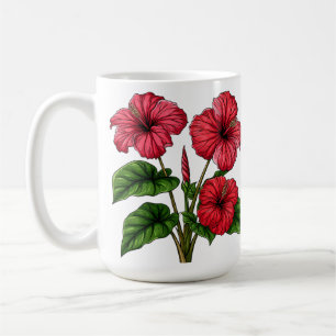 Lebendige rote Hibiskusblüten mit üppigen grünen B Kaffeetasse