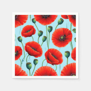 Lebendige rote Mohnblumen auf einem hellblauen Hin Serviette