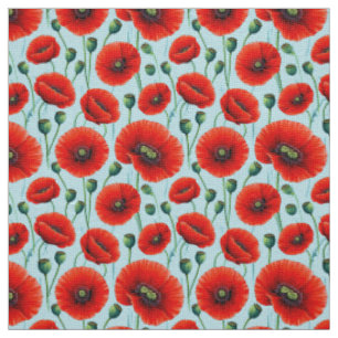 Lebendige rote Mohnblumen auf einem hellblauen Hin Stoff