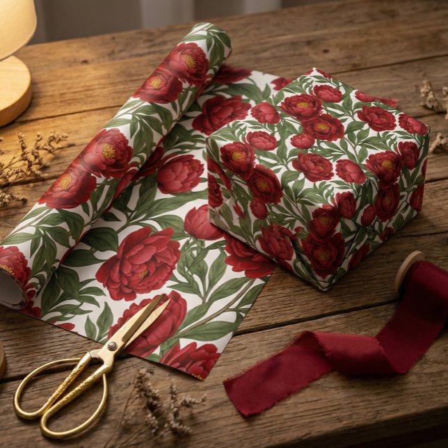Lebendige rote Pfingstrosen-Kollektion anpassbare  Geschenkpapier (Von Creator hochgeladen)
