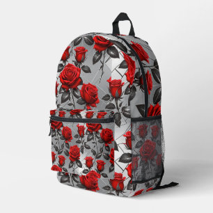 Lebendige rote Rosen auf einem metallischen silber Bedruckter Rucksack