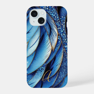Lebendige Saphirblau-Goldfedern Monogramm iPhone 15 Hülle