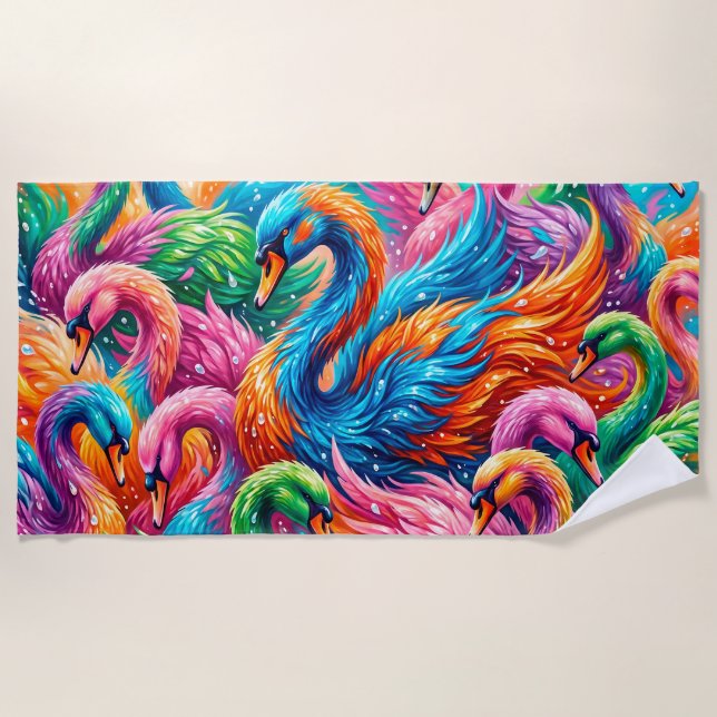 Lebendige Schwan-Traumlandschaft – Psychedelischer Strandtuch (Vorderseite)