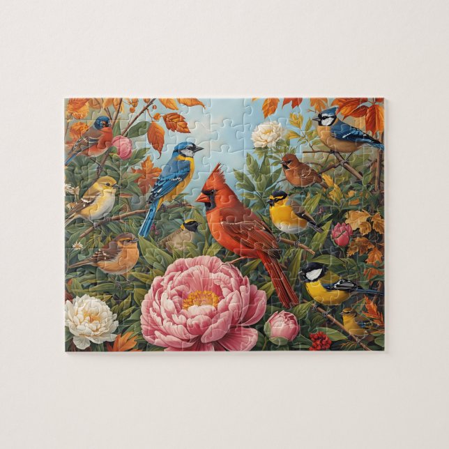 Lebendige Singvögel Herbstblumen Puzzle (Horizontal)