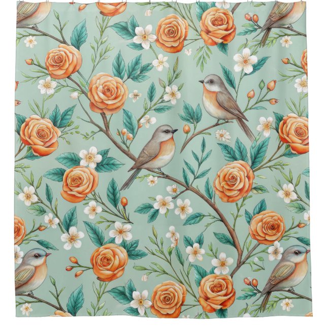 Lebendige Singvögel Orangefarbene Blumen Grüne Blä Duschvorhang (Vorderseite)