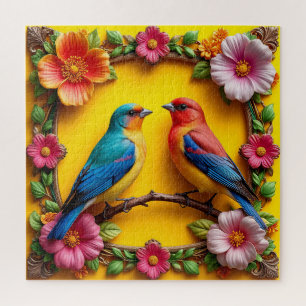 Lebendige Singvögel umgeben von floralem Rahmen Puzzle
