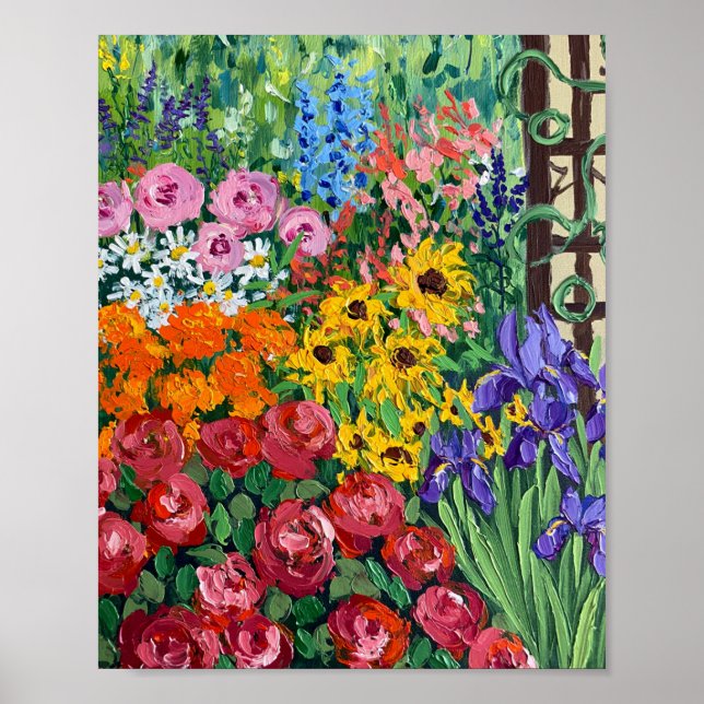 Lebendige Sommer Cottage Garten Ölmalerei Poster (Vorne)