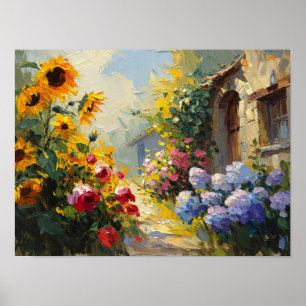 Lebendige Sommer Cottage-Garten-Ölmalerei Poster