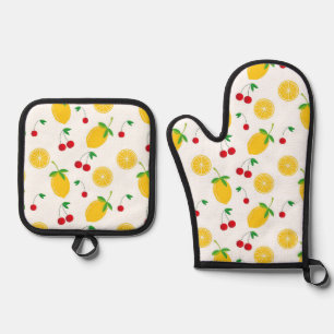 Lebendige Sommer-Zitrus-Limonen und rote Kirschen Ofenhandschuh & Topflappen-Set