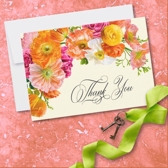 Lebendige Sommerblumen-Hochzeit in Gelb, Orange un Dankeskarte (Vibrant Summer Floral Yellow Orange Pink Wedding Thank You Card)