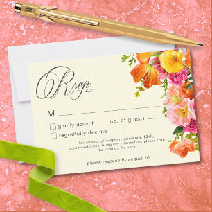 Lebendige Sommerblumen-Hochzeit in Gelb, Orange un RSVP Karte