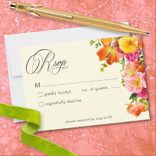 Lebendige Sommerblumen-Hochzeit in Gelb, Orange un RSVP Karte