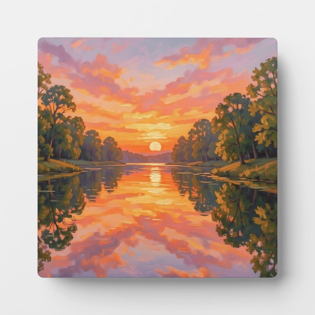 Lebendige Sonnenuntergangs-Flussreflexion Fotoplatte (Vorderseite)
